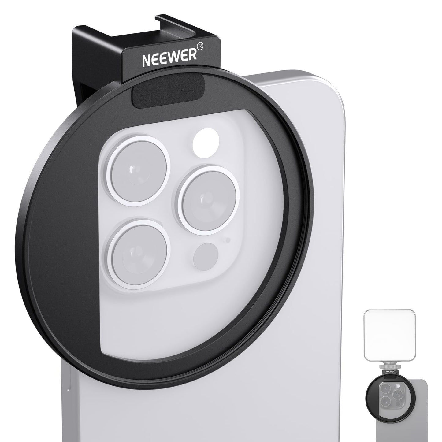 NEEWER 67mm Clip de Filtro Lente Roscado para Filtro Mount Teléfono de Mejorado con Soporte Cold Shoe, 13mm Apertura Compatible con iPhone 15 14 13 Pro MAX Pro MAX Samsung Galaxy S22 S23 Ultra, LA006