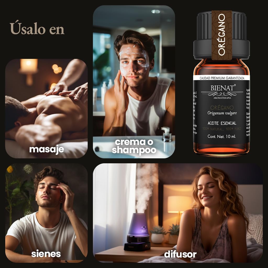 BIENAT AROMATERAPIA Aceite Esencial de Orégano 10mL | 100% Puro y Concentrado | Ideal para Difusor de Aromas, Humidificador, Aromaterapia, Masajes, Meditación, Jabones y Velas | Esencia Natural en Gotas