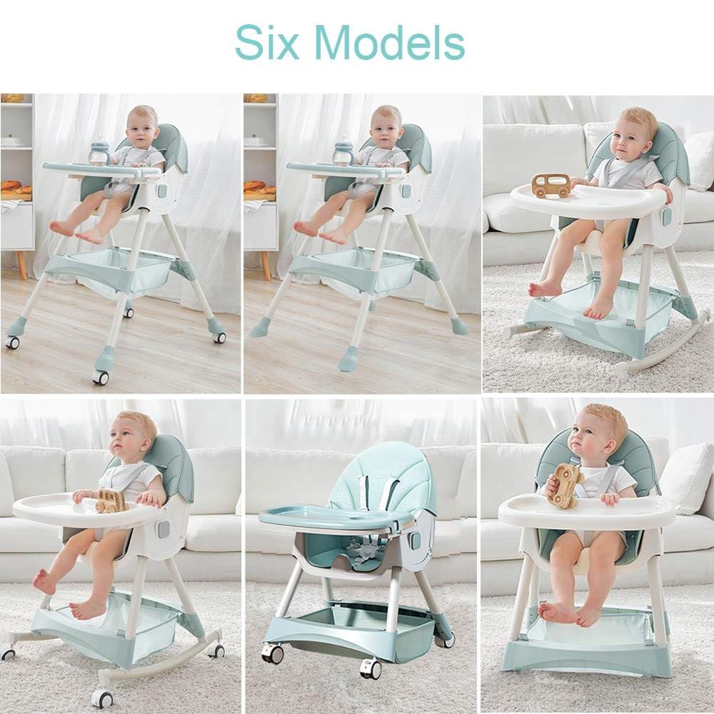 Silla alta para bebe, silla periquera para comer silla para bebe 6 en 1 con babero vaso entrenador y plato de comida, facil de armar, plegable multifuncion (Verde)