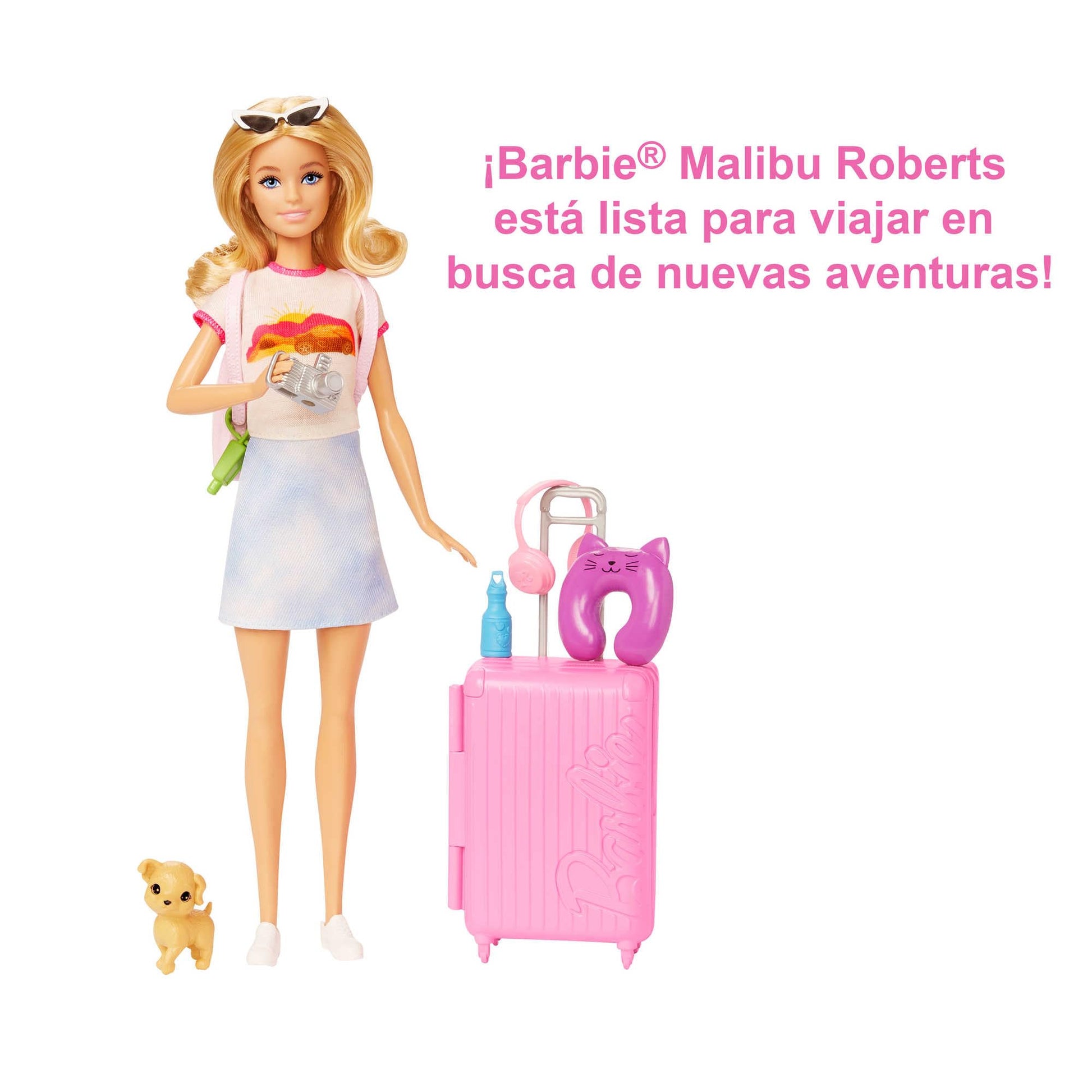 Barbie Muñeca Viajera con Set de Viaje, Incluye Mascota y más de 10 Accesorios, la Maleta Abre y Cierra, 3 años en adelante