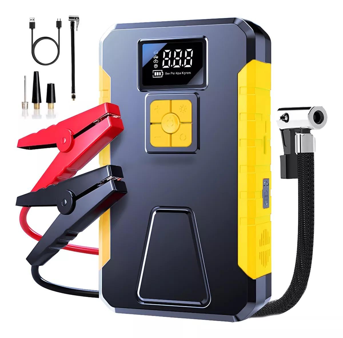 HSZSXJK 4000A 12V Arrancador de Batería de Coche con Compresor de Aire 150PSI, 29800mAh Arrancador Portátil de Batería, Apto para Motores de Gasolina y Diésel, con Pantalla 3,4 Pulgadas, luz LED