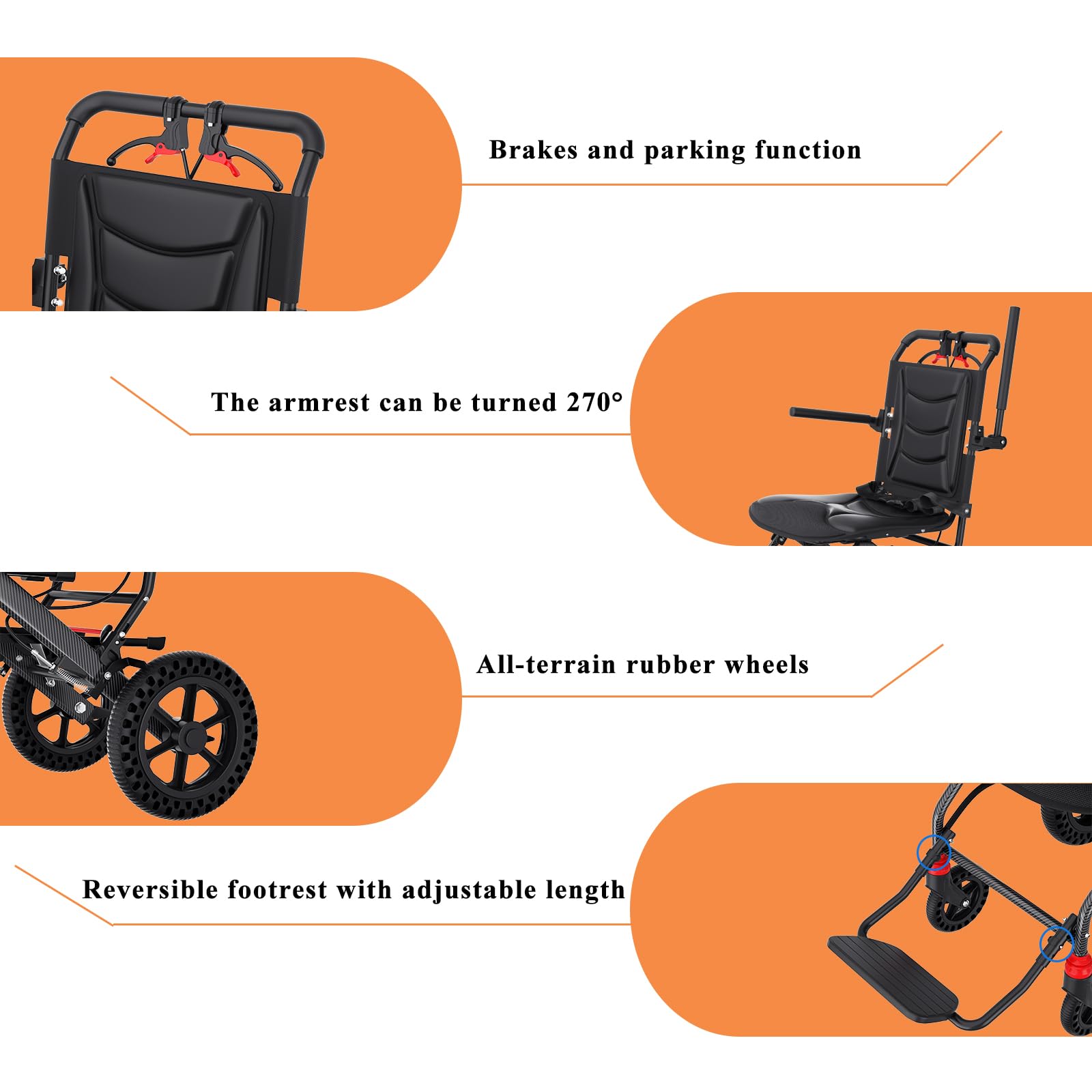 Hopelight (Asiento de 18" de ancho) Silla de ruedas de transporte ergonómica y liviana para personas mayores y adultos, sillas de ruedas de viaje de tránsito plegables y portátiles para todo terreno
