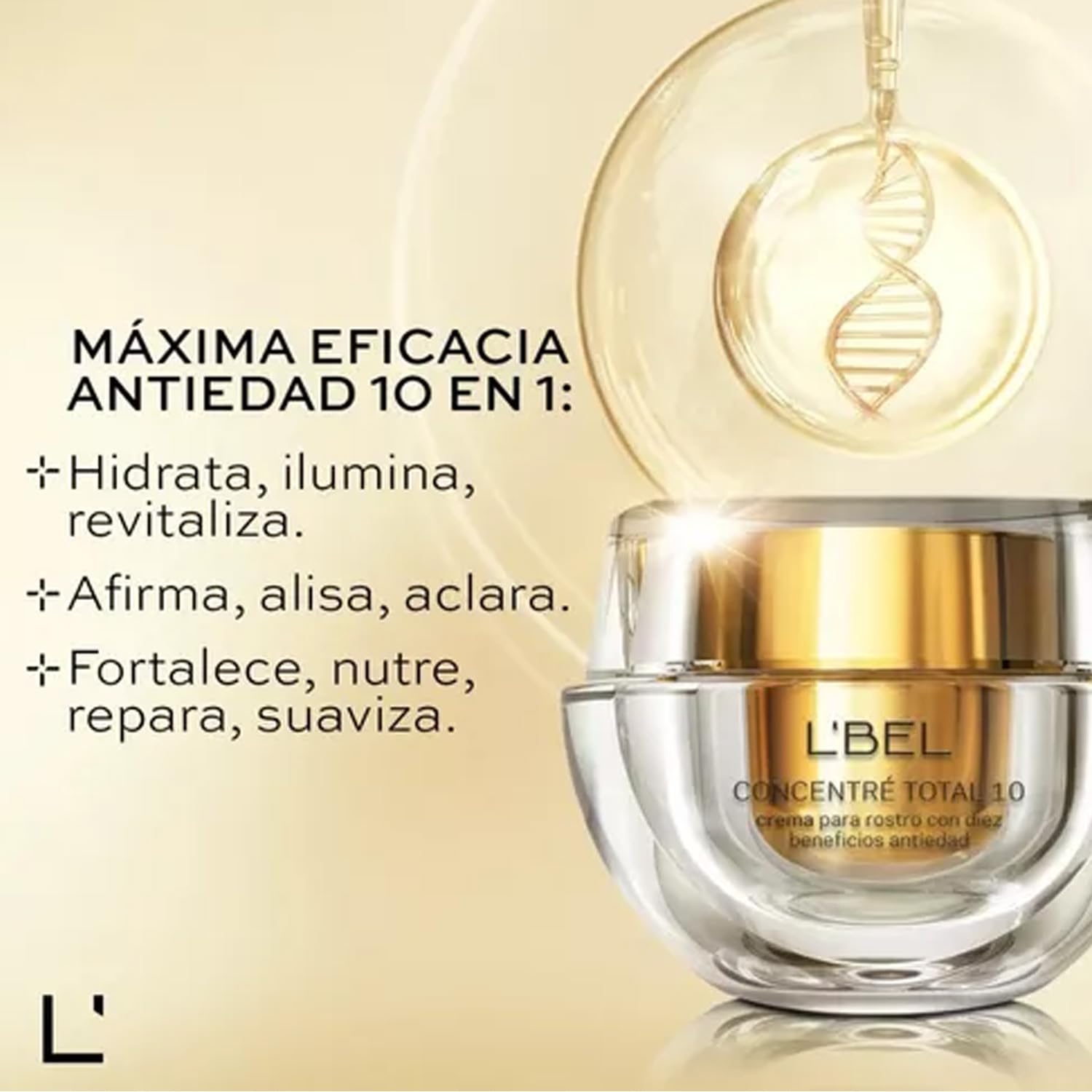 L'BEL - Concentré Total 10 Crema Hidratante 50 g, Crema Antiarrugas y Antiedad Facial, con 10 Beneficios, Ilumina, Revitaliza, Nutre y Repara, con Maitakie Imperial y Tecnología GeneticComplex