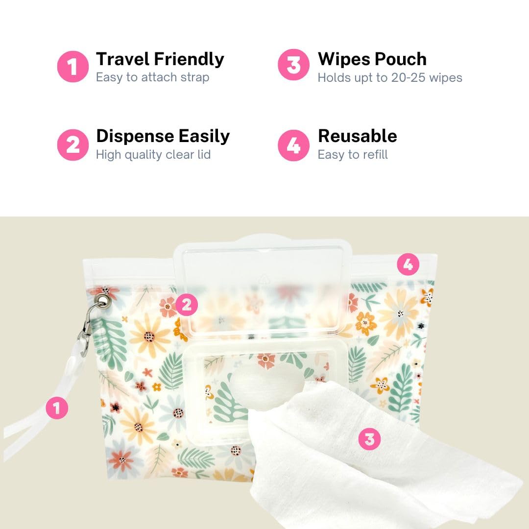 Orchid Hearts - Dispensador de toallitas húmedas portátil y recargable, paquete de 2 soportes para toallitas reutilizables y contenedor para toallitas, esencial para bebé, estuche de viaje de