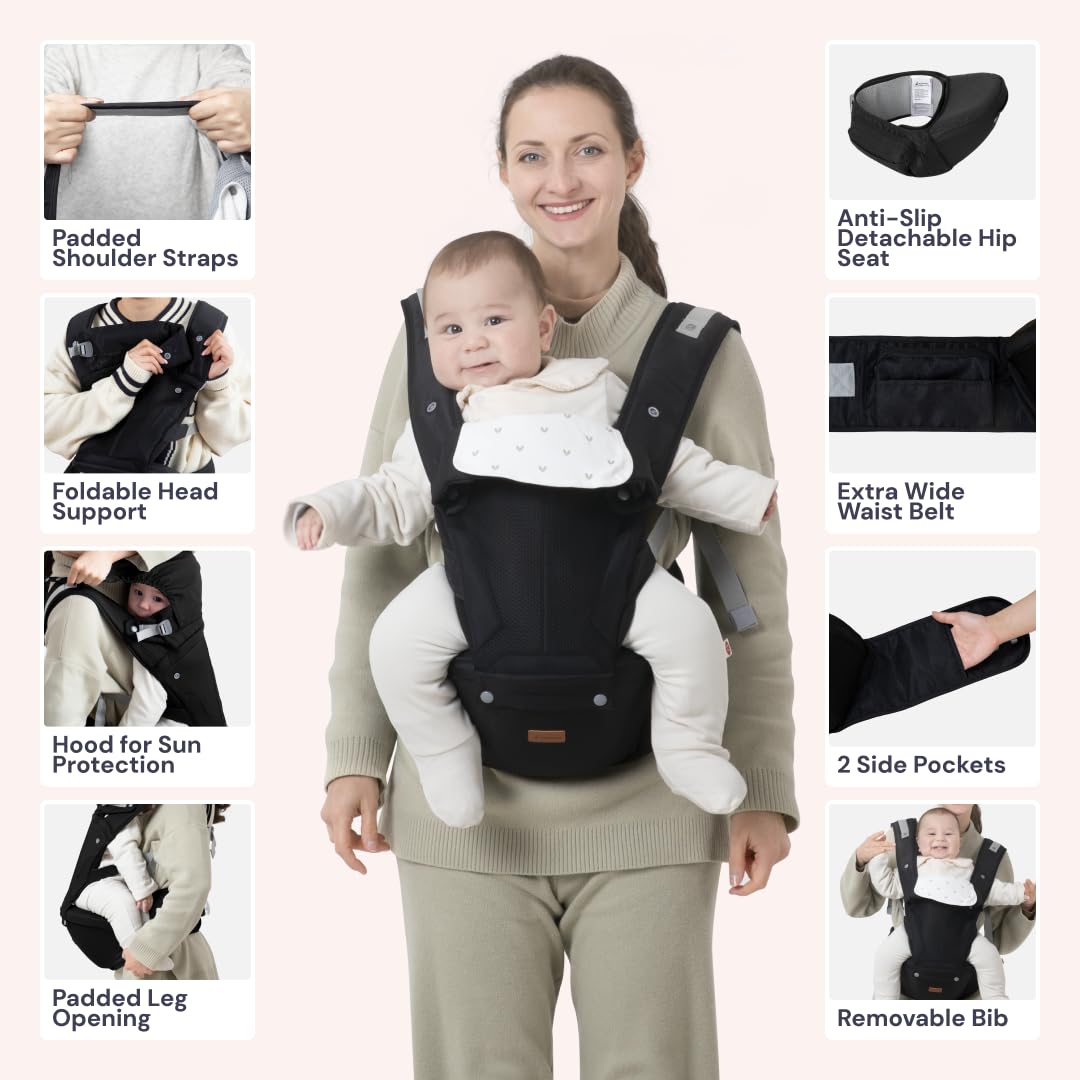 BabbleRoo - Portabebés 6 en 1 con asiento de cadera, ergonómico, acogedor y ajustable, 7-50 libras con soporte para cadera y lumbar, capucha para protección solar, portabebés recién nacido a niño