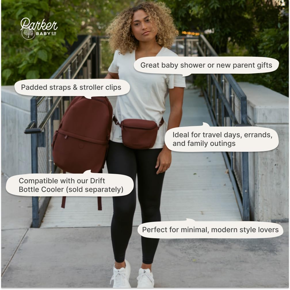 Parker Baby Drift Mochila de neopreno y bolsa para cinturón | Esencial de viaje sin granel con almohadilla para cambiar pañales y correas para carriola, Raisin, Large, Moderno