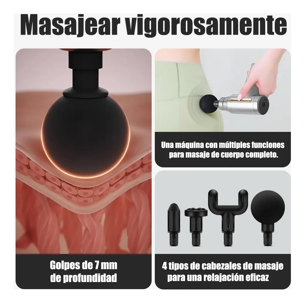 Pistola de Masaje Muscular con 4 Cabezas, Masajeador Portatil Muscular Mini Masajeador de Tejido Profundo Ajustables Massage Gun, Masaje Profesional Para Musculos, Ligamentos y Tejidos, Carga USB (Gris)