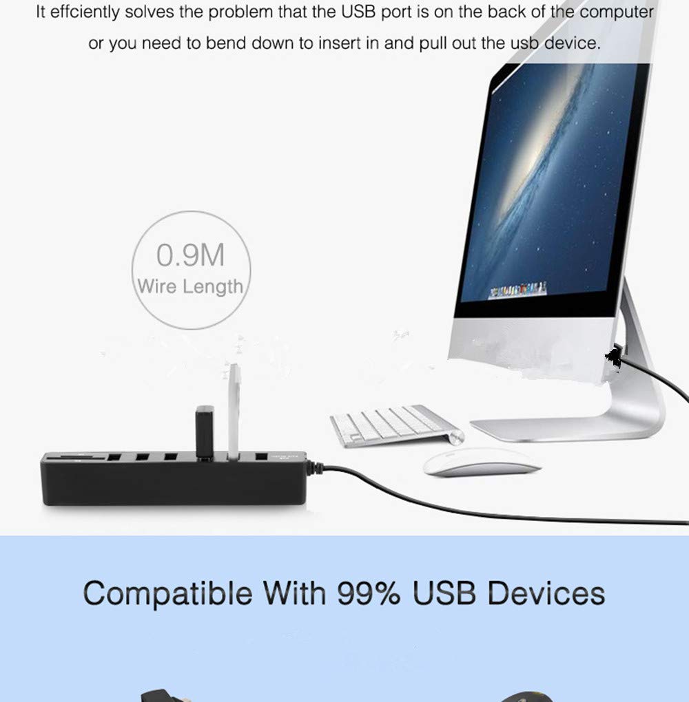 CARYWON Hub USB, Adaptador Extensión USB con 6 Puertos USB 2.0, Lector de Tarjetas SD/TF, 8 en 1 Puerto Portátil USB 2.0 para Macbook Air, iMac, Windows Surface, Ultrabook y Otro Laptop o PC, Negro