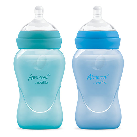 Advanced by Evenflo, Biberón Anticólicos Cuello Ancho, Niño, Color Azul y Teal, Flujo Medio, 9oz/270ml, 2 piezas, MEX.