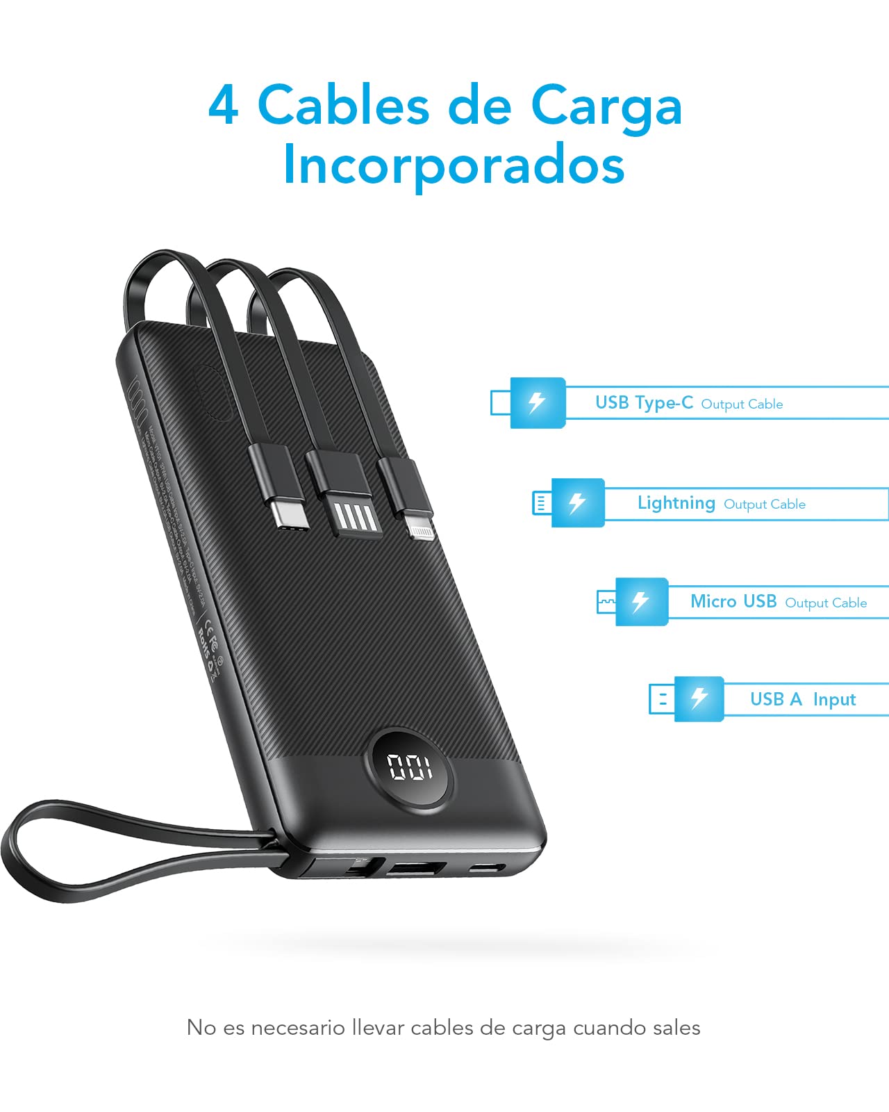 Batería Externa MOFIT 10000mAh Negra con Cables Integrados y Pantalla LED