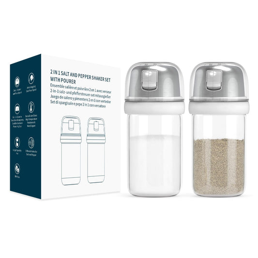 KTCHENDAO - Salero y pimienta de cristal 2 en 1 con boquilla lateral, tapa integrada para ralentizar la humedad con marcas de medición, elegante dispensador de sal de vidrio borosilicato para cocina,