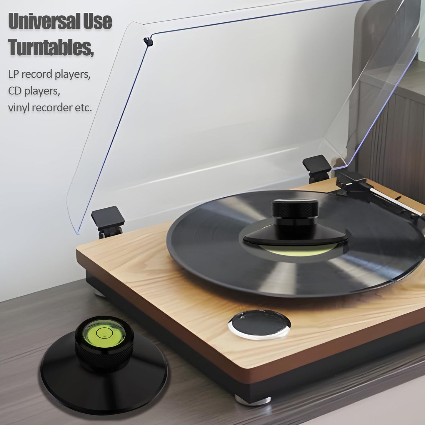 Preffair - Estabilizador de peso de grabación audiófilo de aluminio de 107 g, con nivel de burbuja y almohadilla protectora suave para base LP, reproductor de discos de vinilo, reductor de vibración