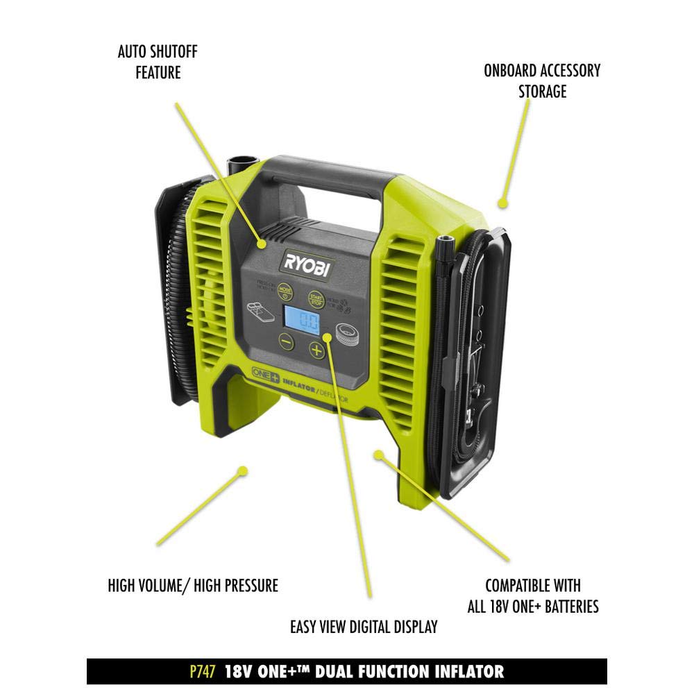 Ryobi ONE+ P747 - Inflador y desinflador de doble función de 18 voltios, solo herramienta (paquete mayorista, no minorista)