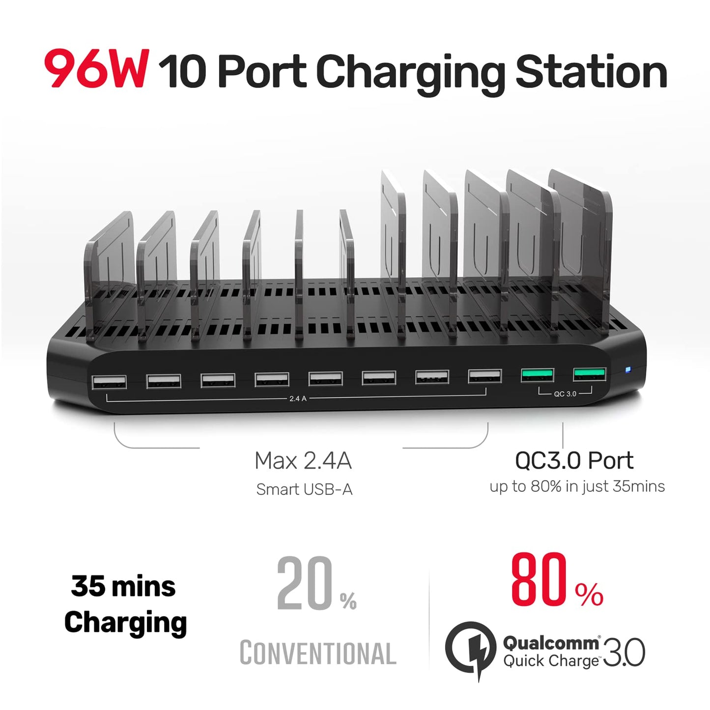Estación de Carga USB Unitek Gris con Soporte Organizador de Carga Rápida 3.0 para Smartphone, Tablet e iPad