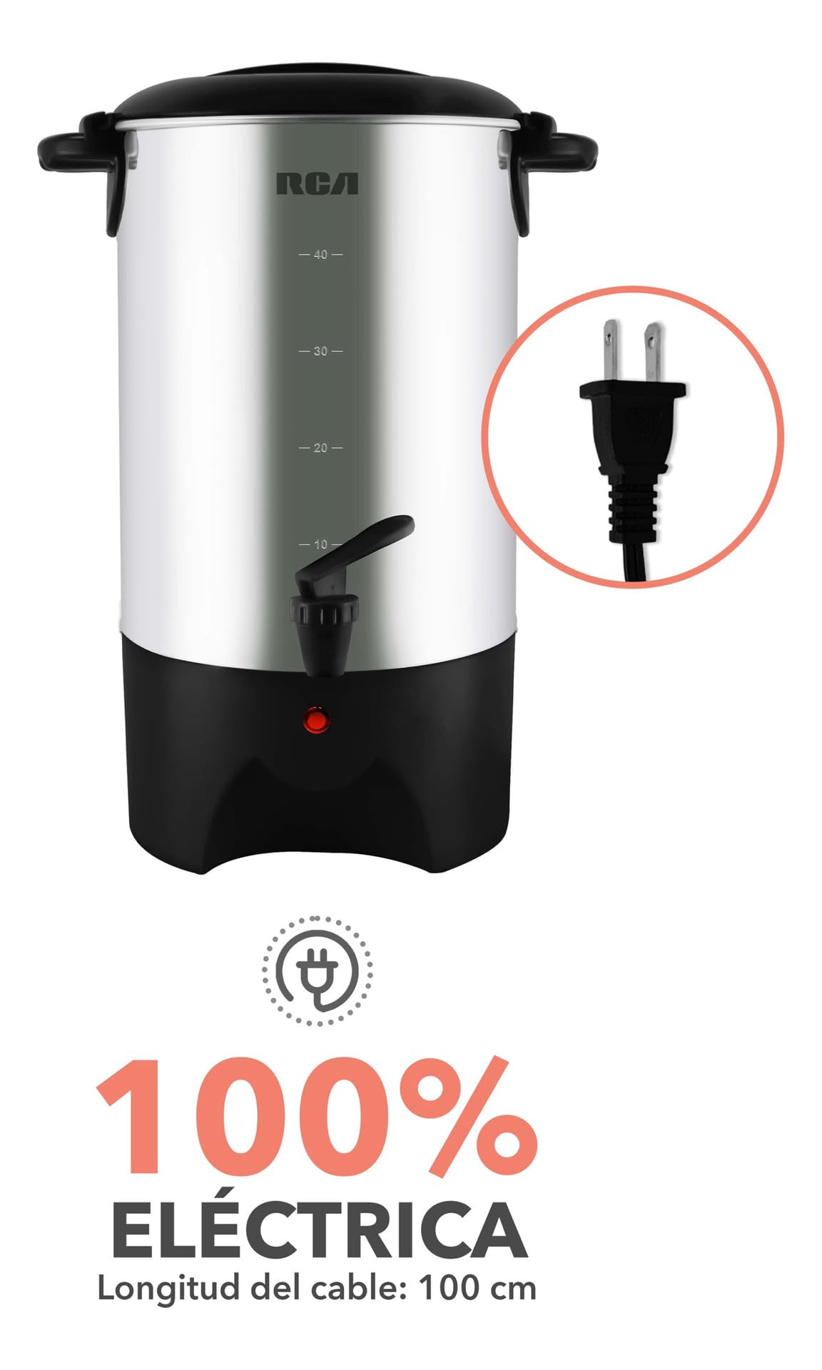 Cafetera RCA Acero Inoxidable 40 Tazas con Tapa con Bloqueo y Sistema Antigoteo para Hogar u Oficina