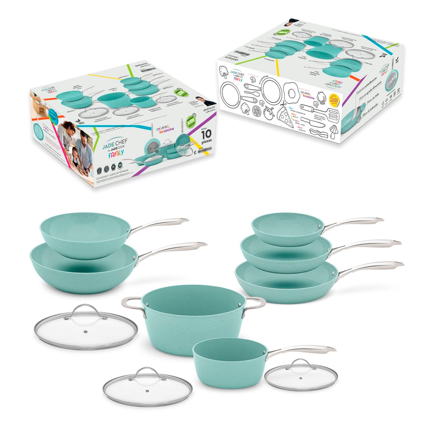 JADECOOK Jade Chef by Jade Cook® | Kit de lujo con10 piezas sartenes y ollas de cocina con 6 capas de recubrimiento antiadherente 100% libre de tóxicos