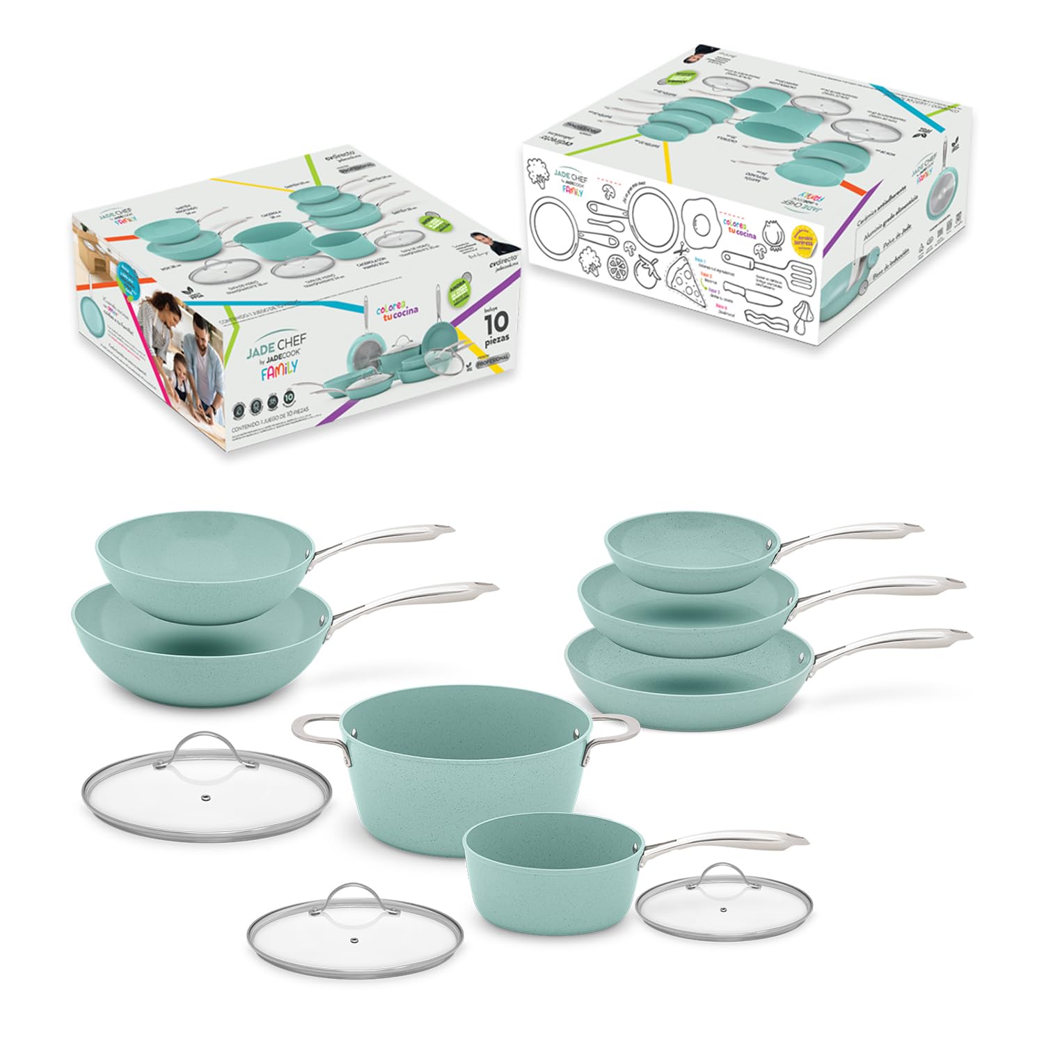 JADECOOK Jade Chef by Jade Cook® | Kit de lujo con10 piezas sartenes y ollas de cocina con 6 capas de recubrimiento antiadherente 100% libre de tóxicos