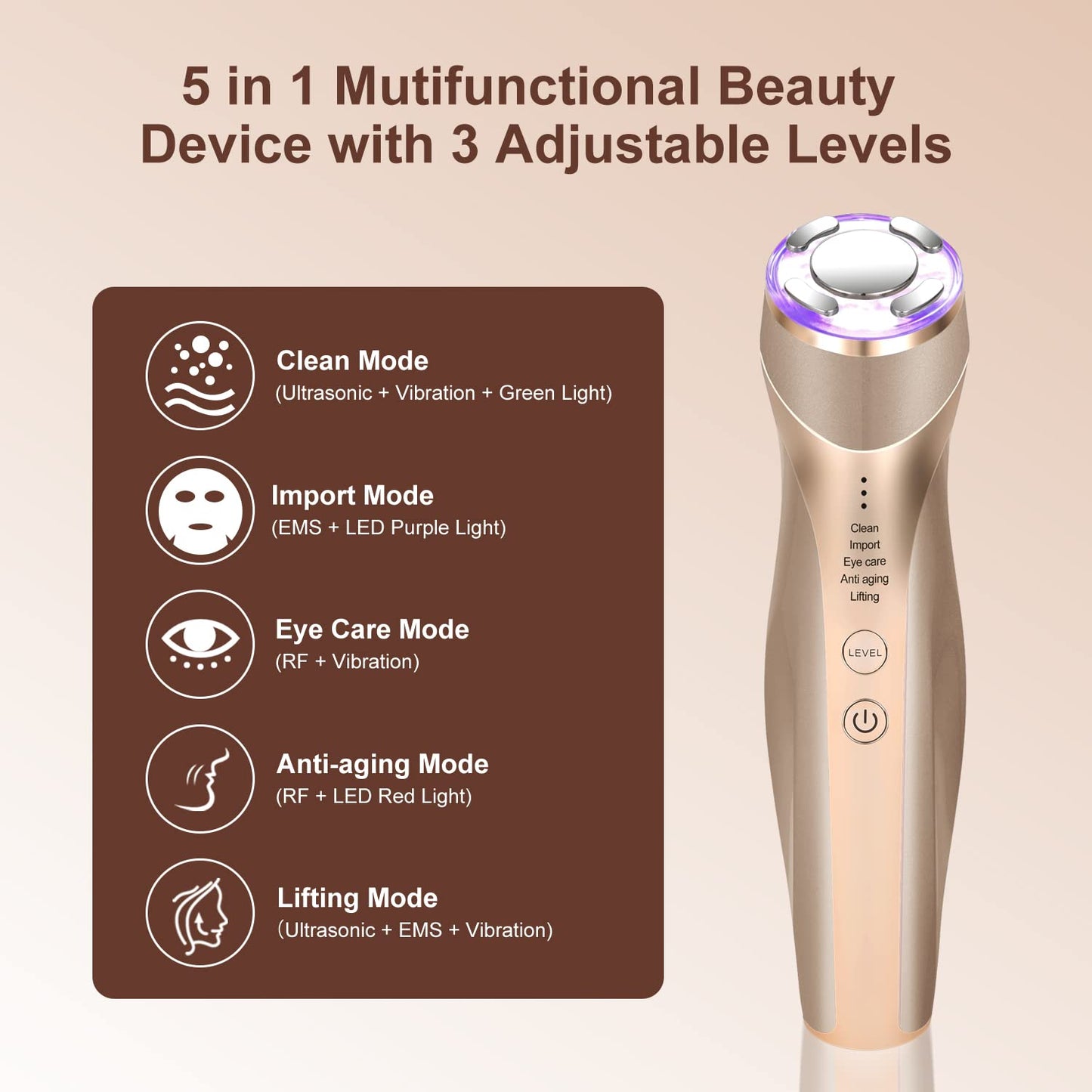 Máquina facial de alta frecuencia, 5 en 1 masajeador facial multifuncional de ajuste de la piel, máquina de terapia de luz para la cara