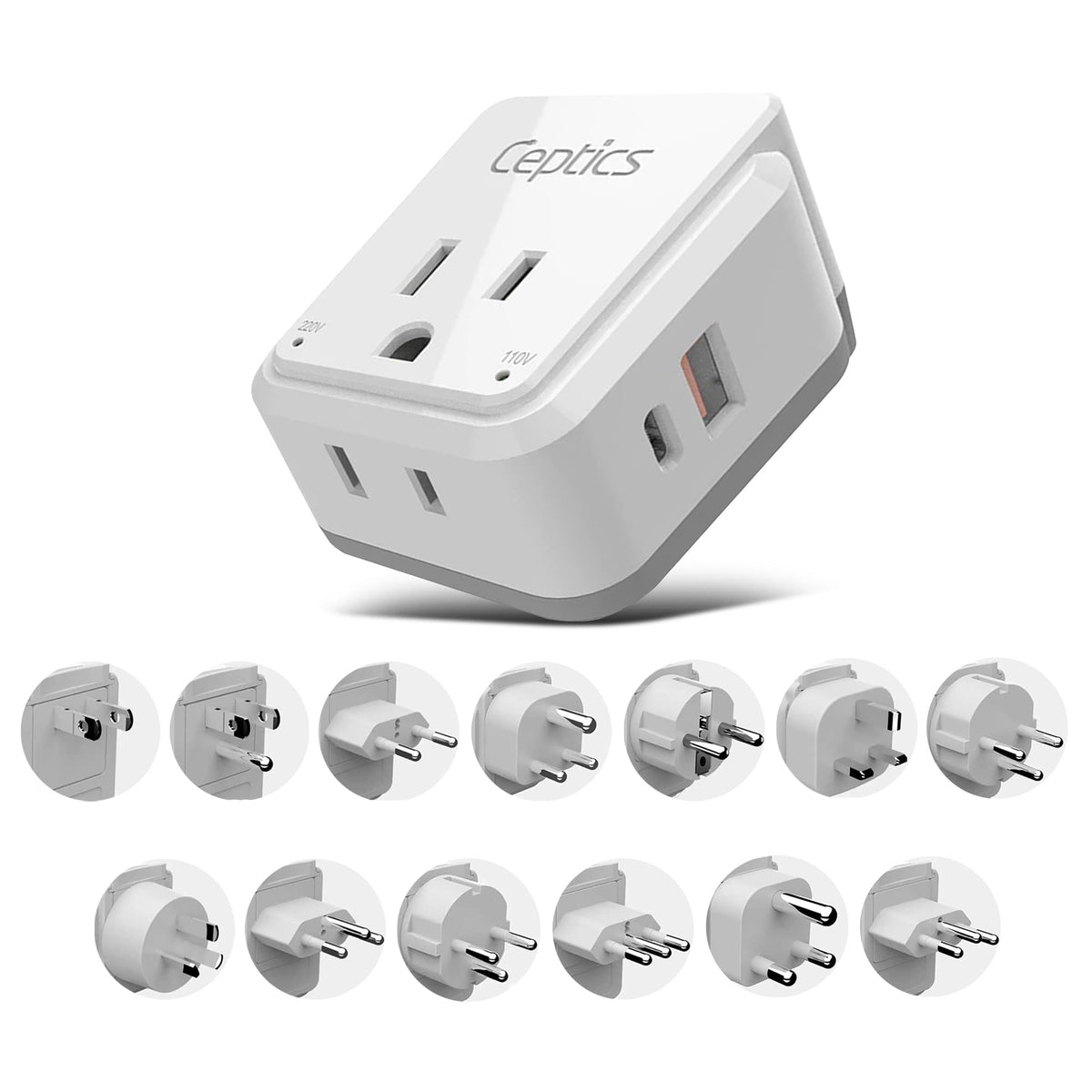 Juego de Adaptador de Enchufe Internacional Ceptics Blanco USB Dual Seguro y USB-C Compacto para Viajes por Europa, Asia, África y en Todo el Mundo