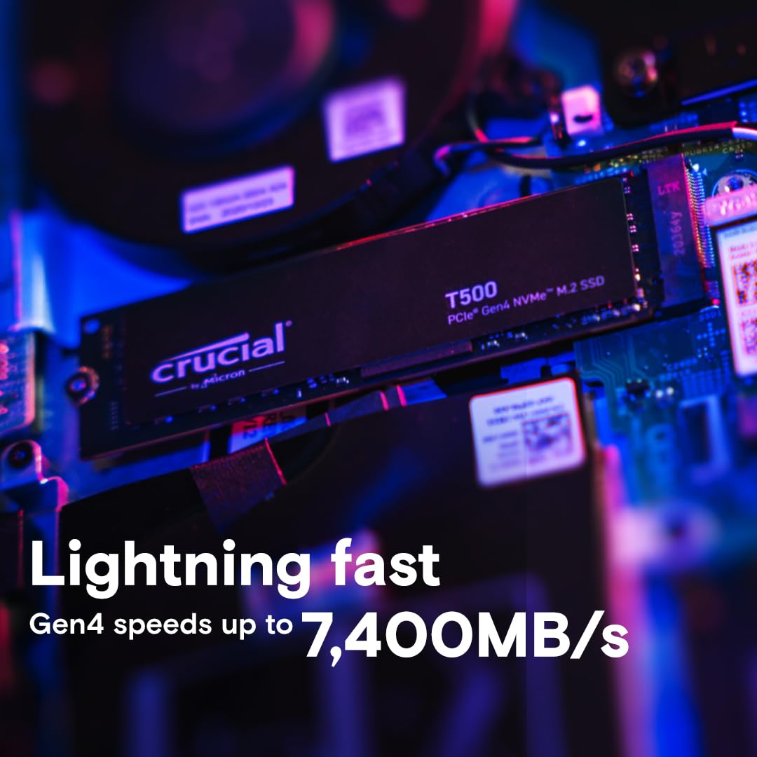 Crucial T500 500 GB Gen4 NVMe M.2 SSD Interno para Juegos, hasta 7200 MB/s, Compatible con portátiles y computadoras de computadora + 1mo Adobe CC Todas Las Aplicaciones - CT500T500SSD8