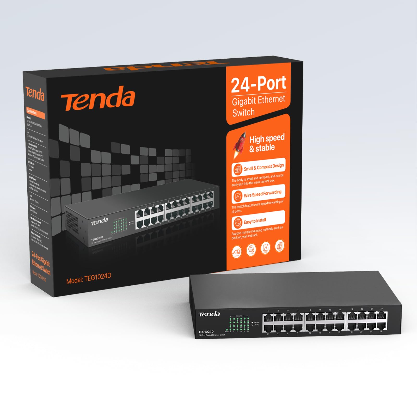 Tenda Switch TEG1024D Ethernet de 24 Puertos Gigabit 10/100/1000 Mbps , no administrable, transmisión dúplex.