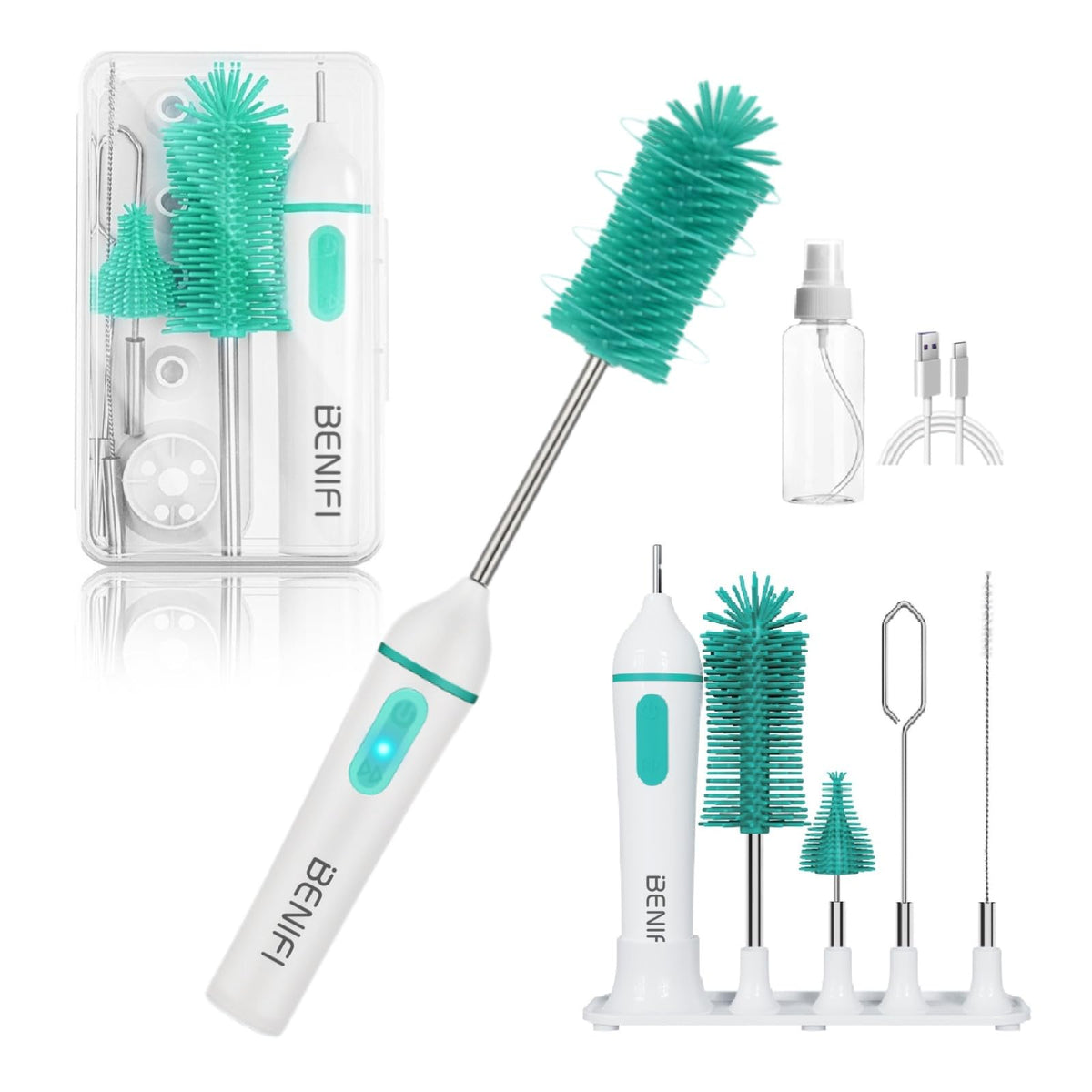 Travelling - Limpiador eléctrico de cepillos para biberones, juego de cepillos para biberones, totalmente a prueba de agua, cepillo para polvo de mango largo, cabezales de cepillo para polvo de