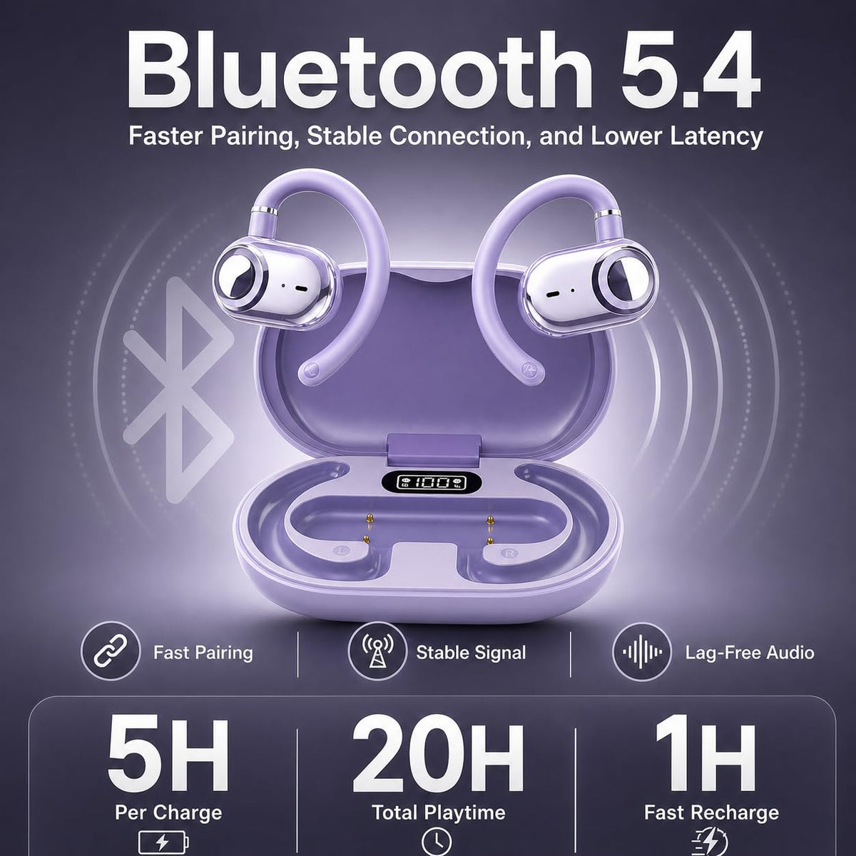 Auriculares Sobre la Oreja Bluetooth 5.4 Inalámbrico con Altavoces de 16 mm Ligero y Rotación Biaxial para Correr
