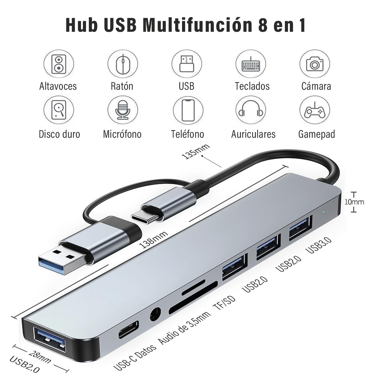 Hub USB C 3.0 8 en1, Adaptador USB a Tipo C Multipuerto con Jack 3.5, 4 Puertos USB 1 Puerto USB C, Puertos TF y SD, Adaptador para MacBook Air/Pro iPad y Más Dispositivos PC/Laptop/Tablet