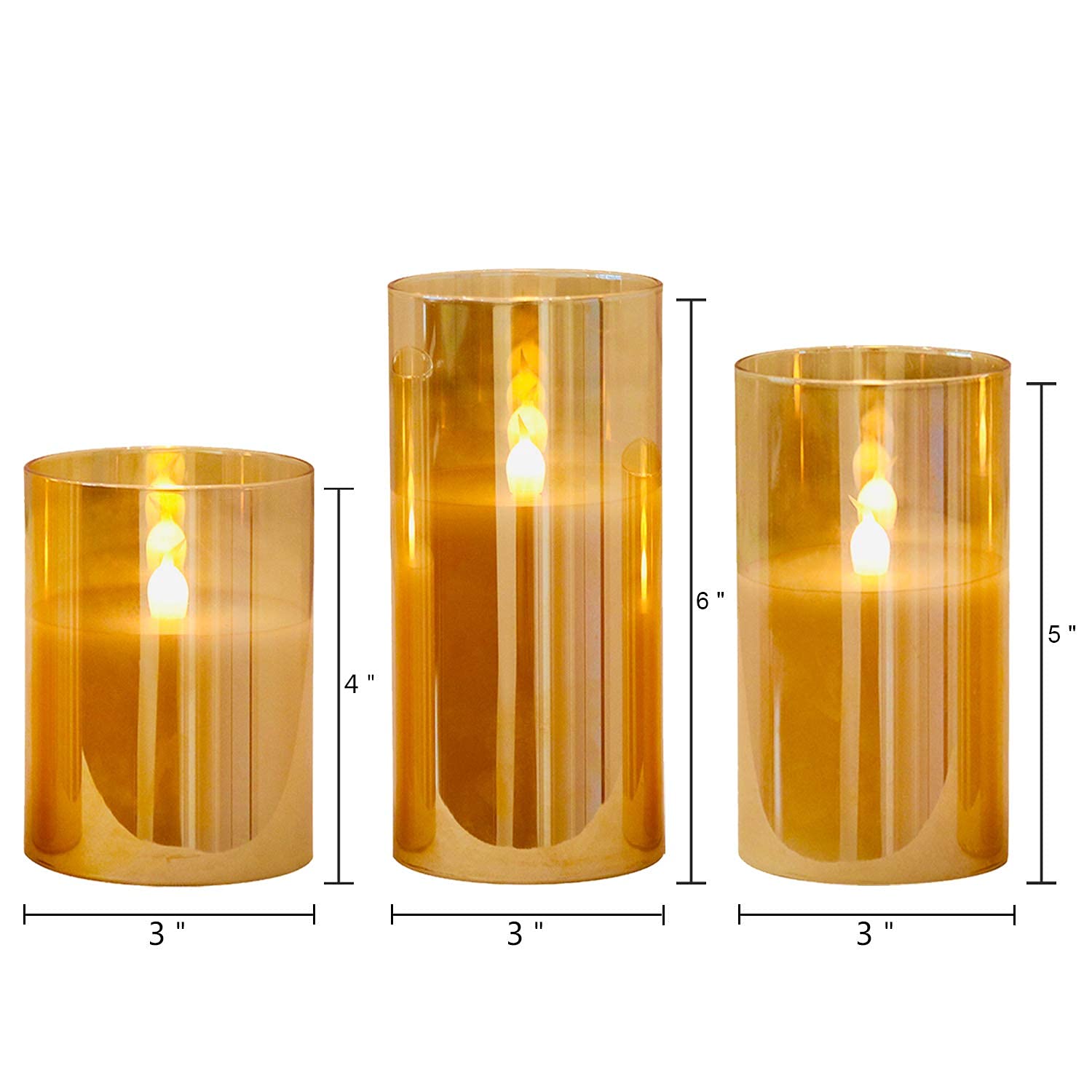 GenSwin - Velas led sin llama de vidrio dorado con control remoto de 10 teclas y temporizador, velas de cera real, luz blanca cálida parpadeante para decoración del hogar (juego de 3)