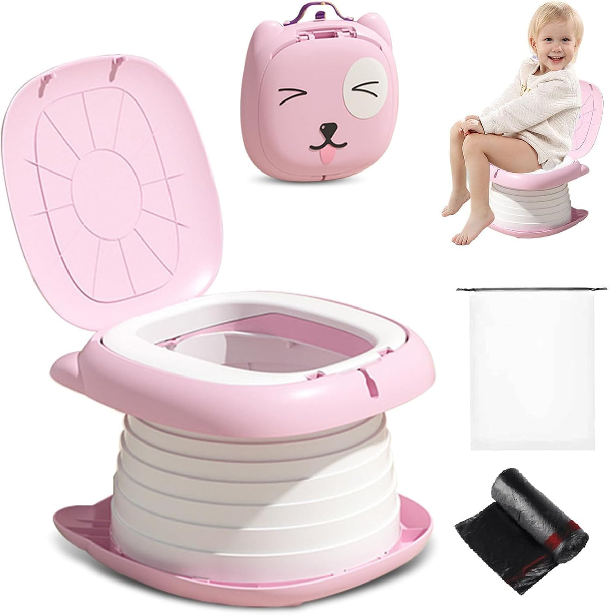 XOCOYOTZIN Orinal de Viaje Portátil para Niños,Asiento Entrenador Baño para Niños, portátiles y plegables con bolsa de basura y bolsa de almacenamiento para automóviles,Camping, Interior y Exterior con Rollos Bolsa de Almacenamiento(Rosa)
