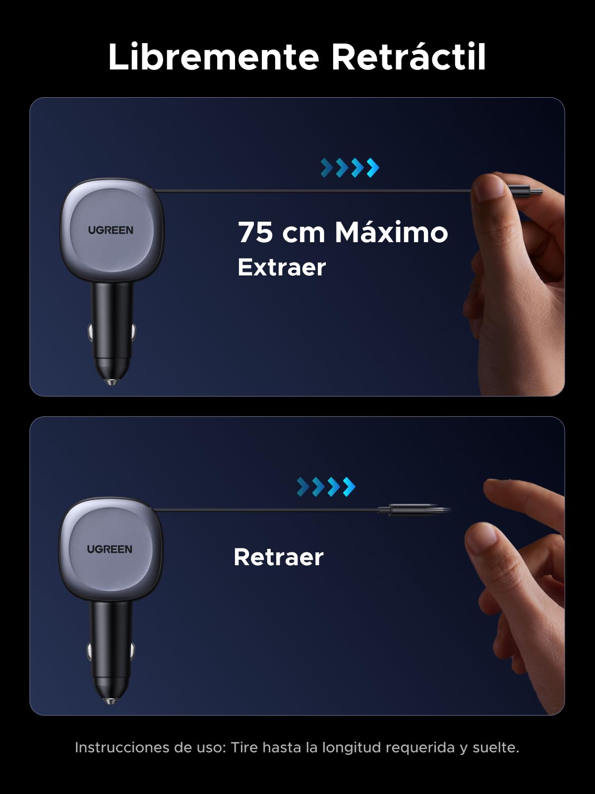 UGREEN 75W Cargador para Auto Retráctil USB C, 3 en 1 Adaptador de Coche con 60W Cable Tipo C Carga Rápida Compatible con iPhone 16 Pro MAX 15 14, Pixel 9 8 7, Galaxy S25 Ultra S24 S23, iPad
