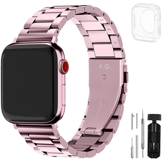 Fullmosa Correa Compatible Con Apple Watch 44mm 45mm 42mm,Pulsera Acero Inoxidable con Case Para iWatch SE/Series 9/8/7/6/5/4/3/2/1,44mm 45mm 42mm Rosa