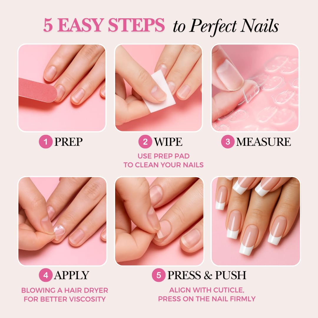 VotreNaeil Uñas postizas PerfectLook - Aurora Kiss | Uñas almendra nude sin pegamento con puntas francesas esmaltadas y dije de corazón dorado - Kit de 24 uñas con adhesivos