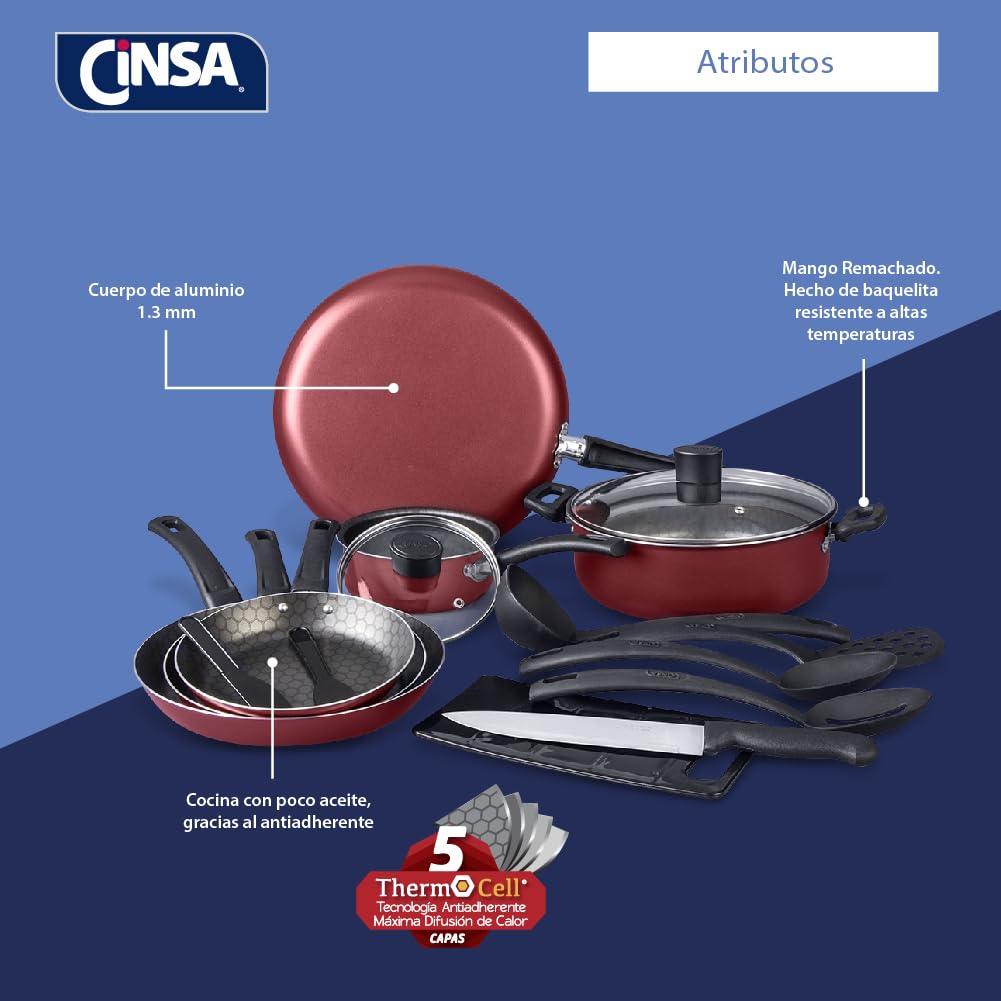 Cinsa Bateria de cocina Esencial Equipa tu cocina 16 piezas, aluminio con antiadherente thermocell, tapas de vidrio templado, cuchillos, utensilios, Rojo (16 piezas)