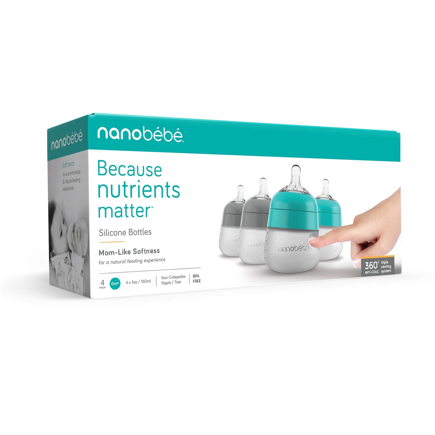 NANOBÉBÉ Biberón De Silicona Nanobebe Flexy, Anticólicos, Tacto Natural, Tetina Antivuelco, Base Estable Antivuelco, Fácil De Limpiar (Paquete De 4), 147 G