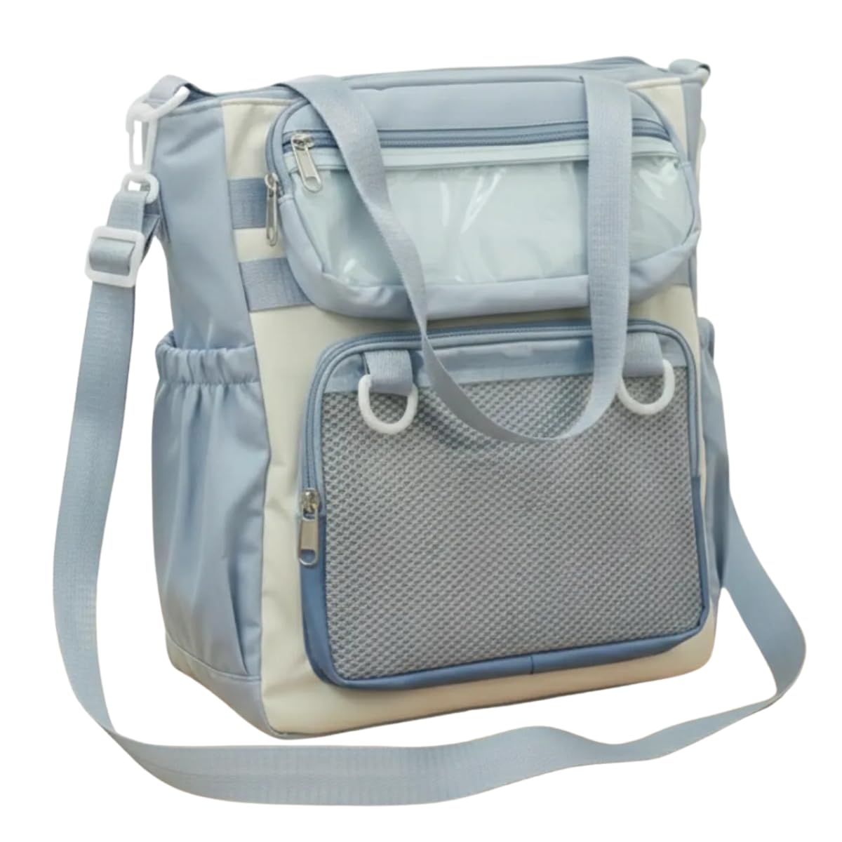 Mochila Pañalera Moderna Multifuncional de Nylon con Ventanas Transparentes, Bolsa Organizadora Urbana Ligera y Compacta para Bebé, Bolsas laterales, Bolsita y Asa Removibles (Celeste)