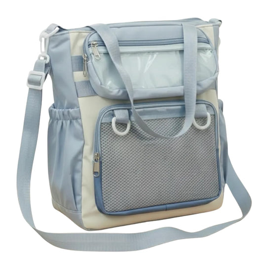 Mochila Pañalera Nylon Celeste con Ventanas Transparentes Multifuncional para Bebé