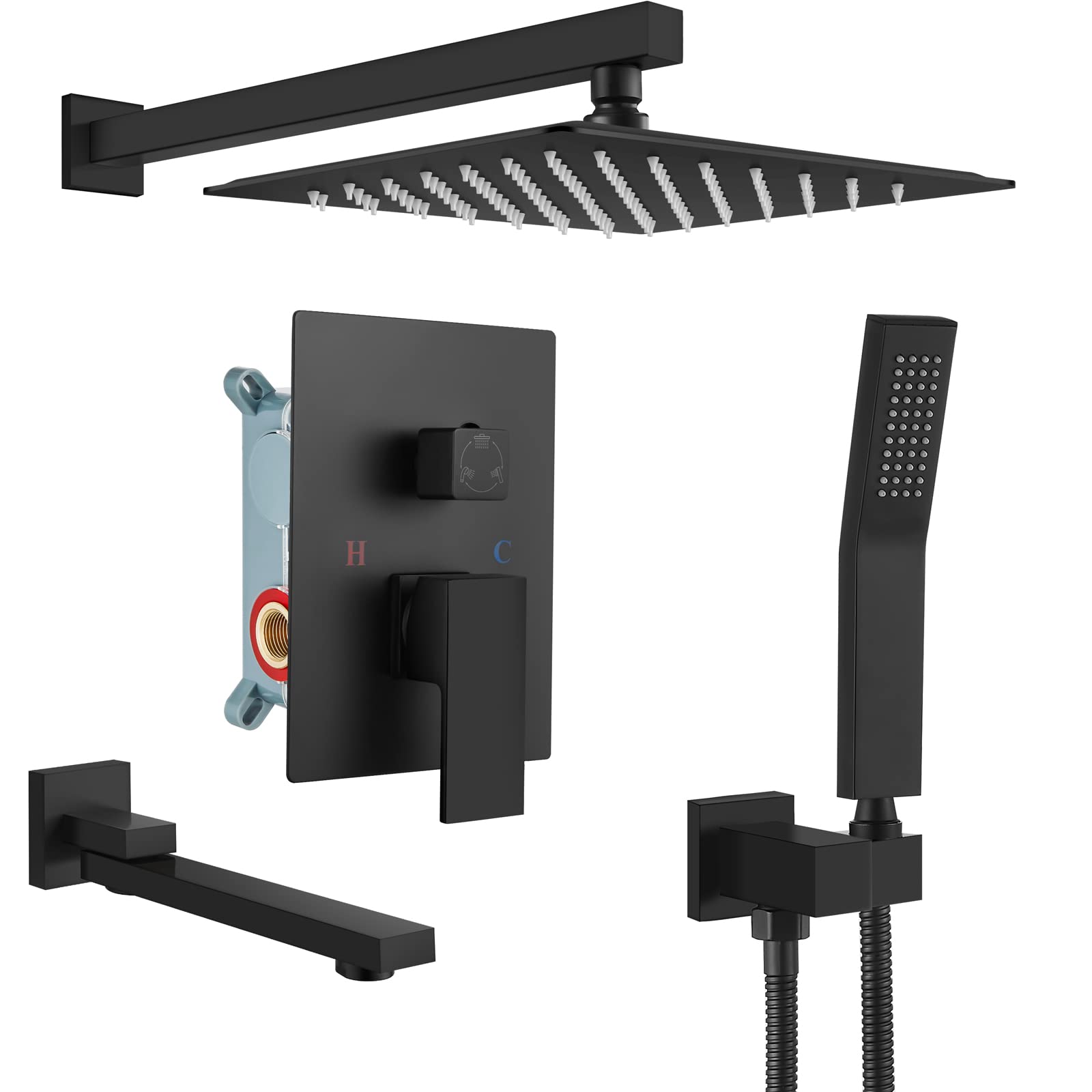 gotonovo Grifo de ducha negro mate para montaje en pared, sistema de ducha de baño de triple función, con boquilla de bañera cuadrada de alta presión, cabezal de ducha de lluvia de 12 pulgadas, válvula rugosa y moldura incluidos