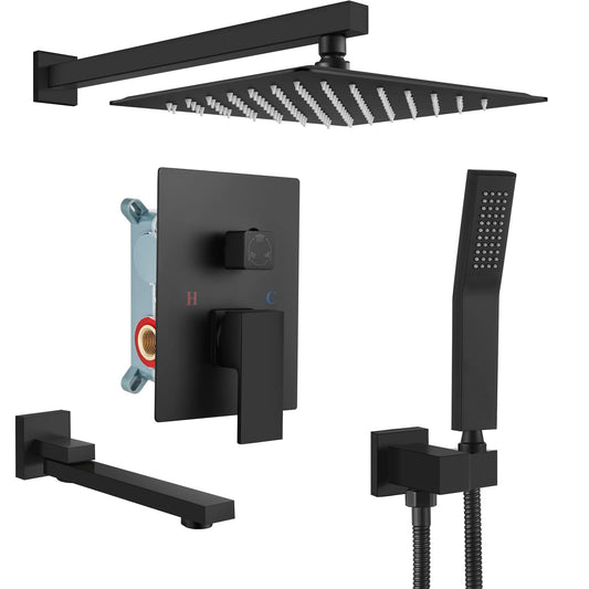 gotonovo Grifo de ducha negro mate para montaje en pared, sistema de ducha de baño de triple función, con boquilla de bañera cuadrada de alta presión, cabezal de ducha de lluvia de 12 pulgadas, válvula rugosa y moldura incluidos
