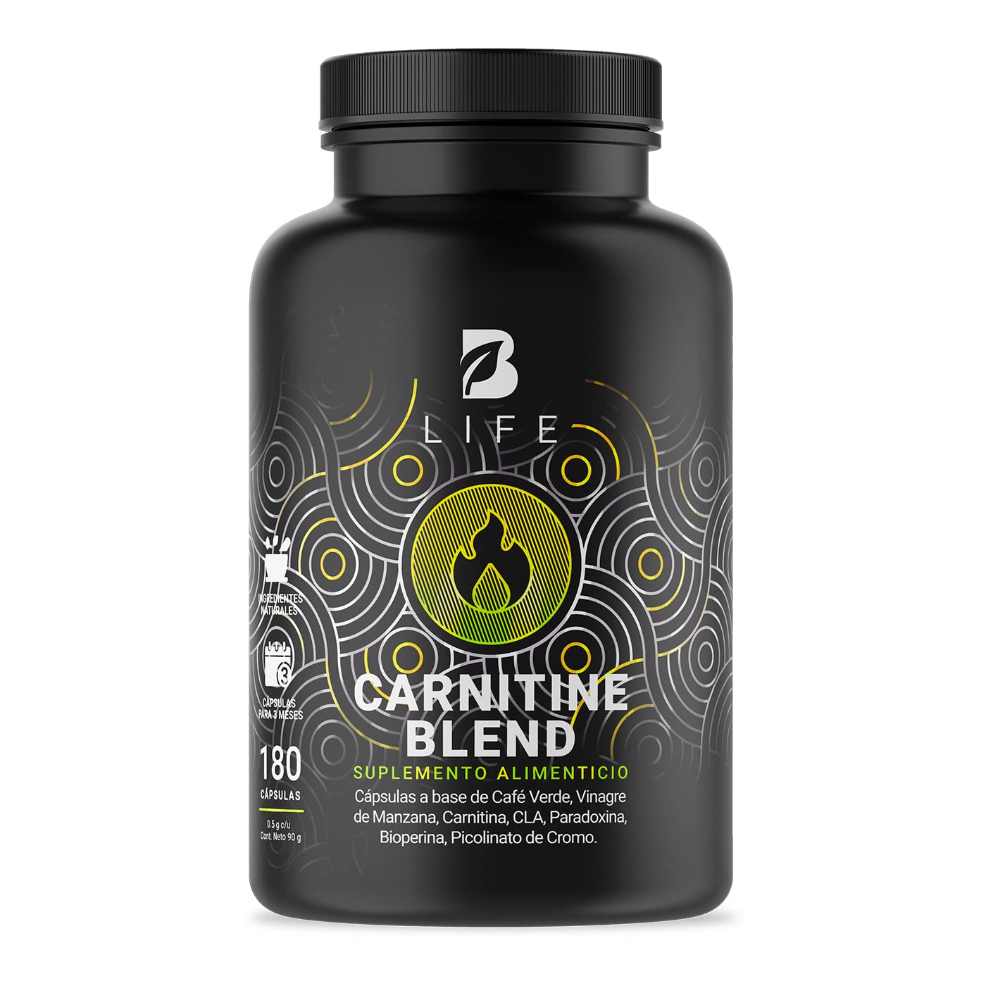 Carnitina de 180 Cápsulas con Café Verde, Carnitina, Vinagre de Manzana, CLA y Picolinato de Cromo. Carnitine Blend B Life.