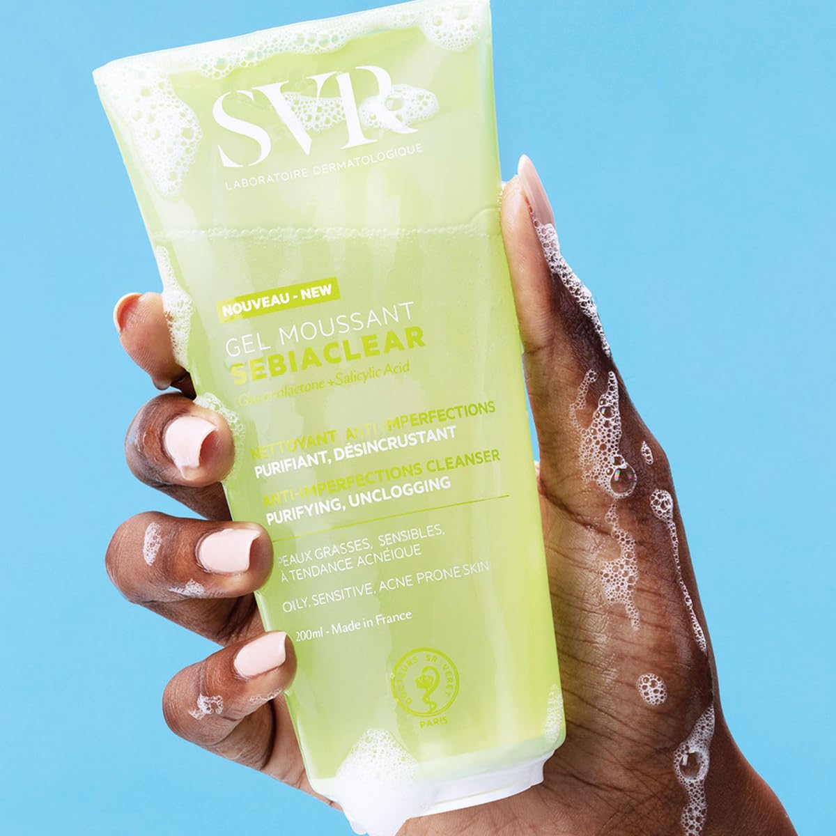 SVR Sebiaclear Gel Moussant Limpiador Facial y Corporal para Piel Mixta, Grasa y con Tendencia al Acné | Con Ácido Salicílico y Gluconolactona | Sin Jabón | 200 ml