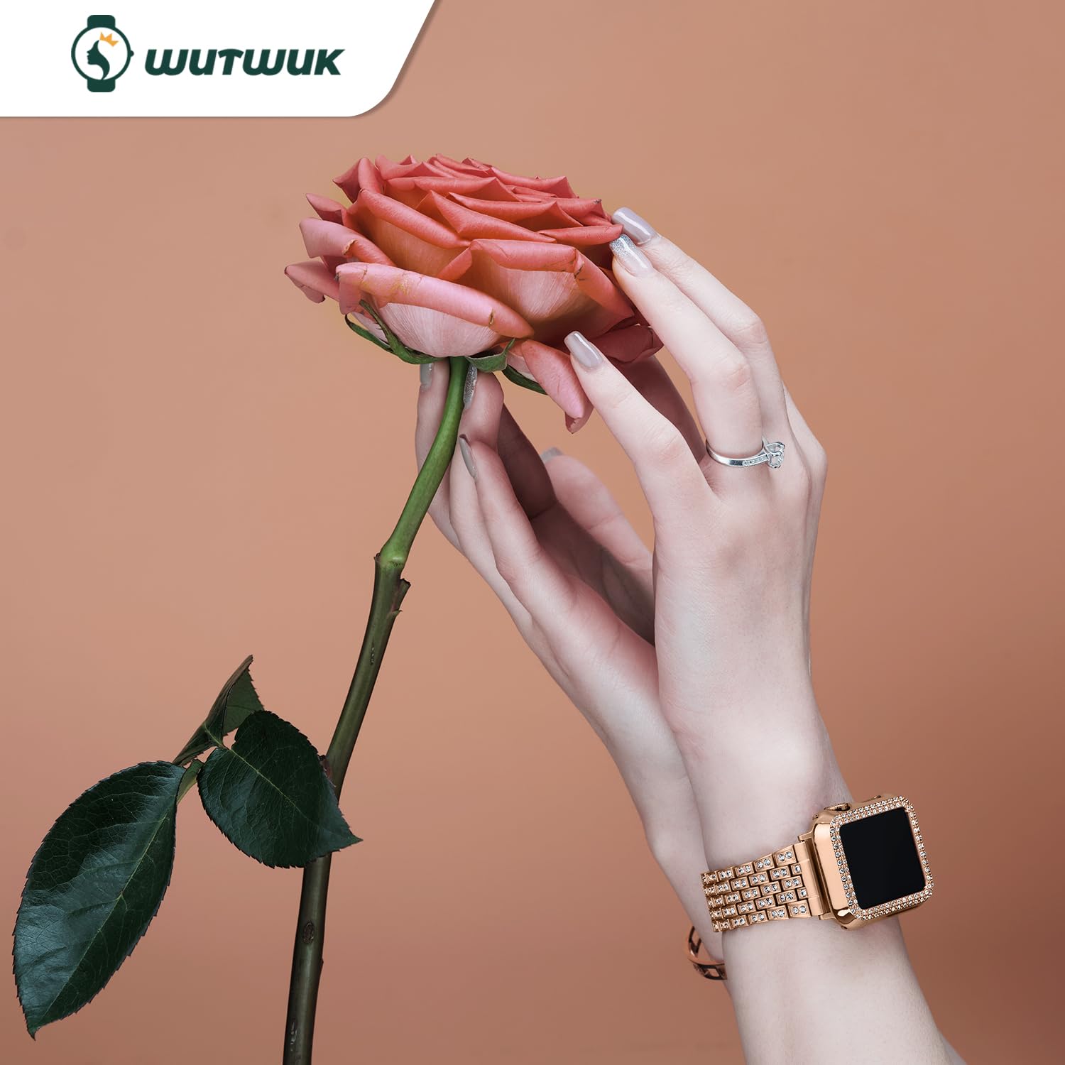 Correa Metálica Wutwuk Oro Rosa con Piedras para Apple Watch 40mm Mujer