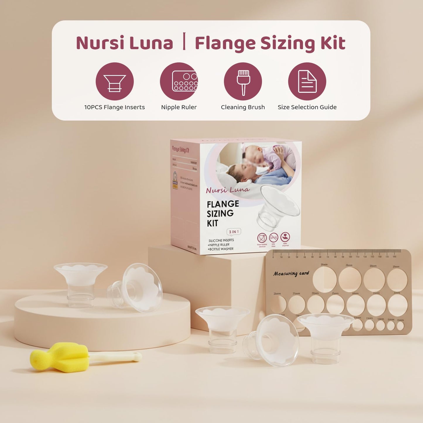 Nursi Luna - Kit de tamaño de brida 3 en 1 con 13/15/17/19/21 mm para bridas de bomba de leche eléctrica de 24 mm, 10 piezas de inserciones de brida de silicona suave para un bombeo más cómodo, sin