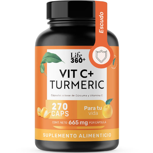 LIFE 360+ Vit C+ Turmeric | 270 Cápsulas | Ácido Ascórbico, Cúrcuma en Polvo Raíz de Cúrcuma y Estearato de Magnesio | Suplemento Alimenticio Vitamina C | Cápsulas de Gelatina | 270 Porciones