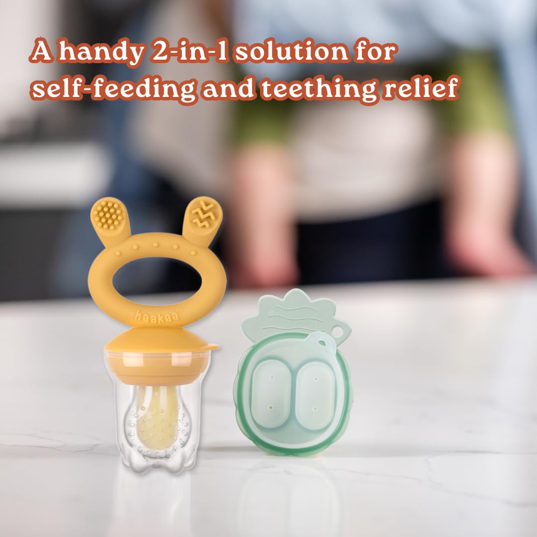 Haakaa Mini Combo alimentador para bebé para introducir nuevos sabores + bandeja para congelar de silicon sin BPA (Mostaza)