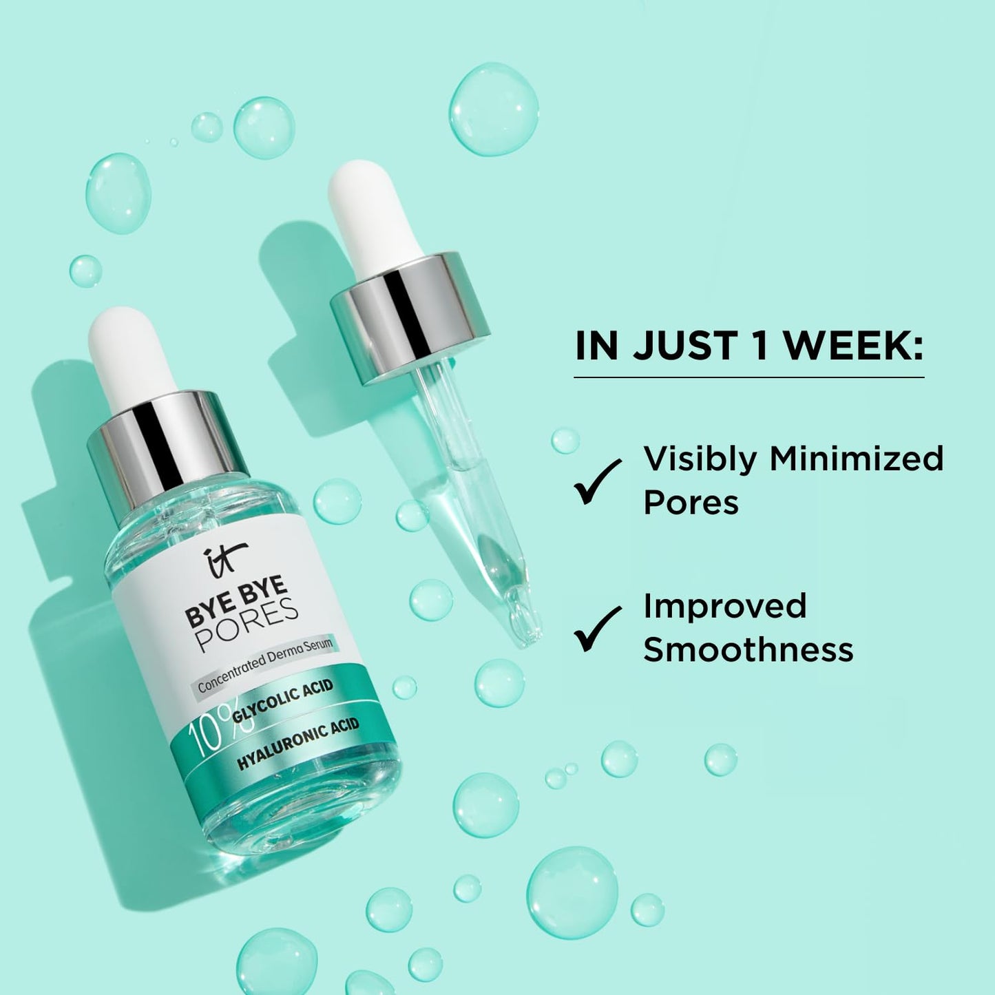 It Cosmetics Bye bye Pores, Serum, Suero Facial con Ácido Glicólico al 10% Minimiza los Poros en 1 Semana y Exfolia Suavemente y Refina la Textura de la Piel con Ácido Hialurónico, 30 ml