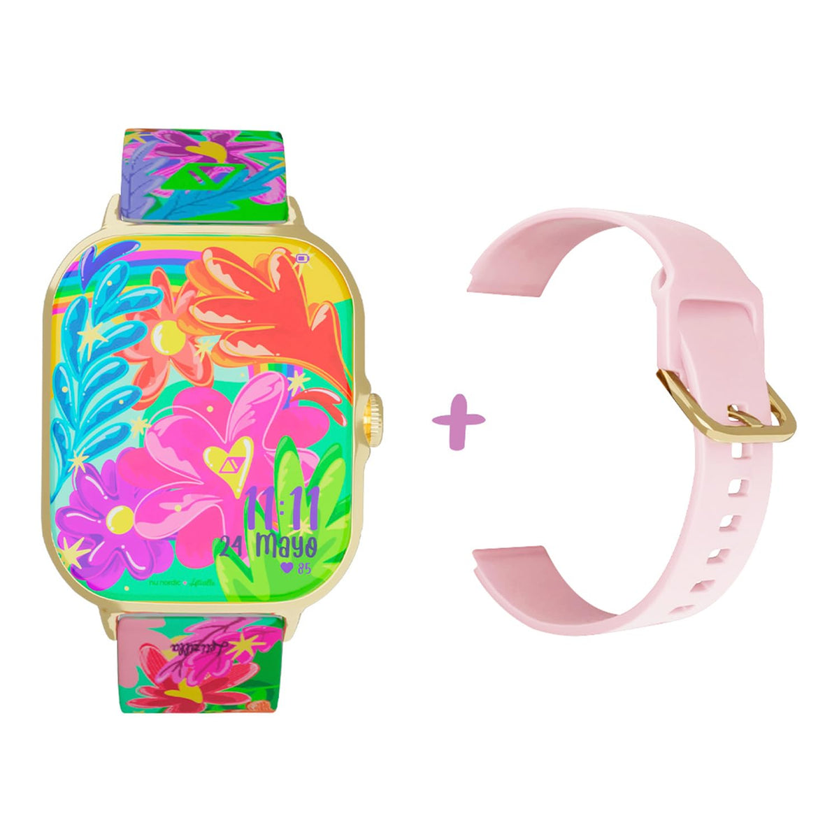 Smartwatch NU Nordic Letizilla Dorado Flores con Correa Extra para Mujer