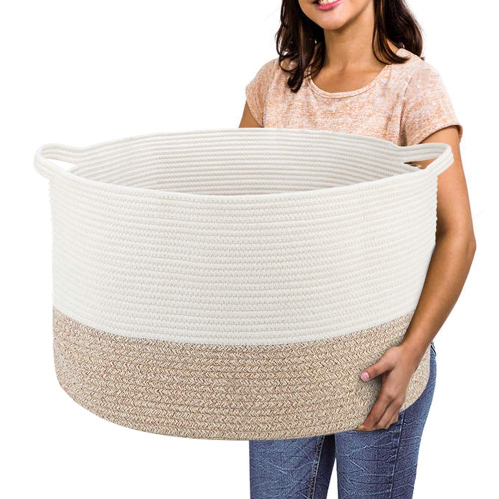 R RUNKA Cesta de cuerda de algodón extragrande de 22 x 14 pulgadas, cesta de juguetes para niños, cesta de manta para sala de estar, cestas tejidas para almacenamiento