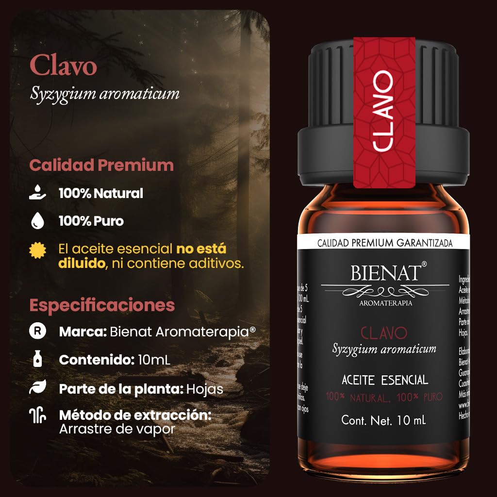 BIENAT AROMATERAPIA Aceite Esencial de Clavo 10mL | 100% Puro y Concentrado | Ideal para Difusor de Aromas, Humidificador, Aromaterapia, Masajes, Meditación, Jabones y Velas | Esencia Natural en Gotas