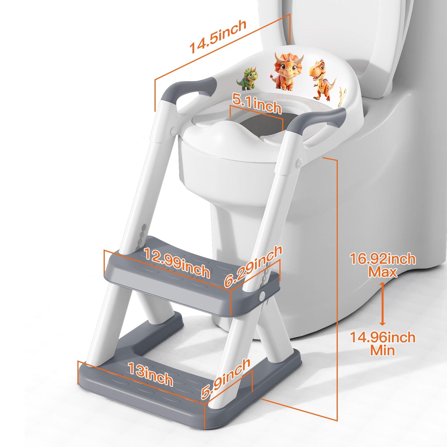 SKYROKU 8868 - Asiento de inodoro para niños pequeños y niñas, inodoro de entrenamiento 2 en 1, protector contra salpicaduras, taburete antideslizante, base estabilizada en forma de sector (gris)